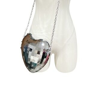 Heart Shaped Disco Ball Mirror Tile Crossbody Bag Silver Reflective Party‎ Purse